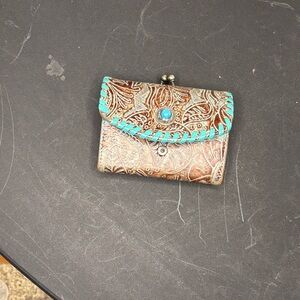 Embossed Brown Leather Mini Wallet with Turquoise Trim